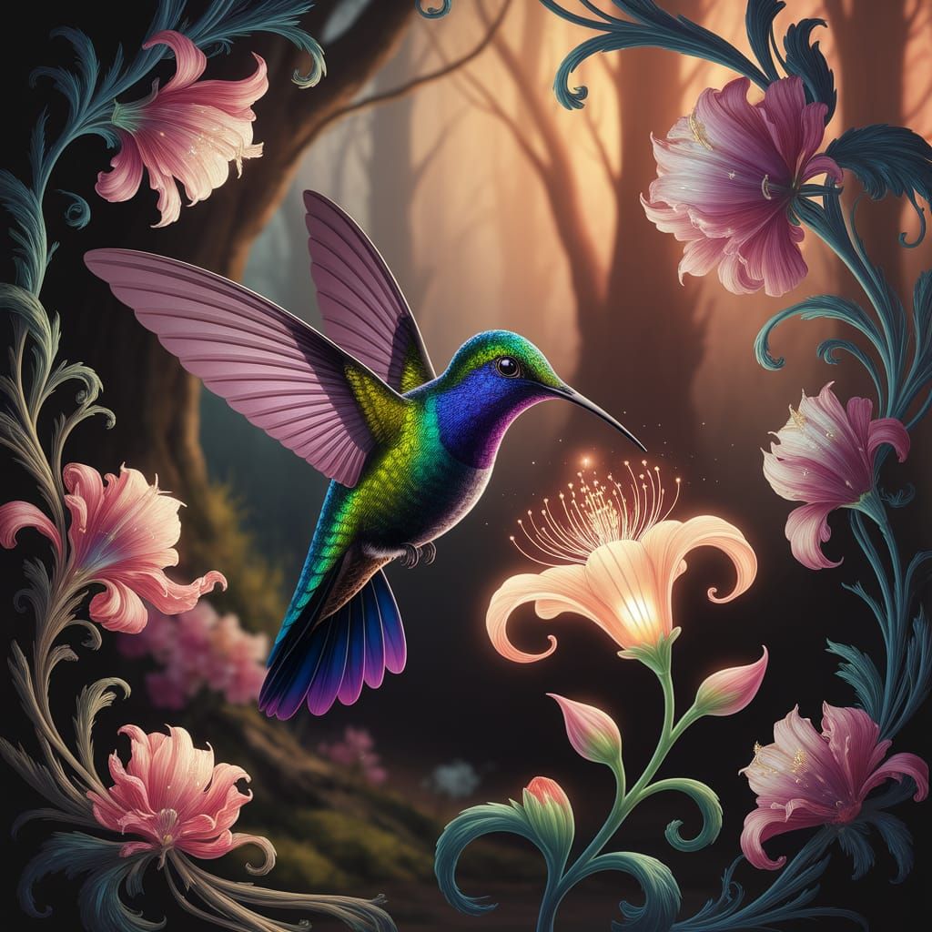 Majestic Hummingbird in Enchanted Forest Glade