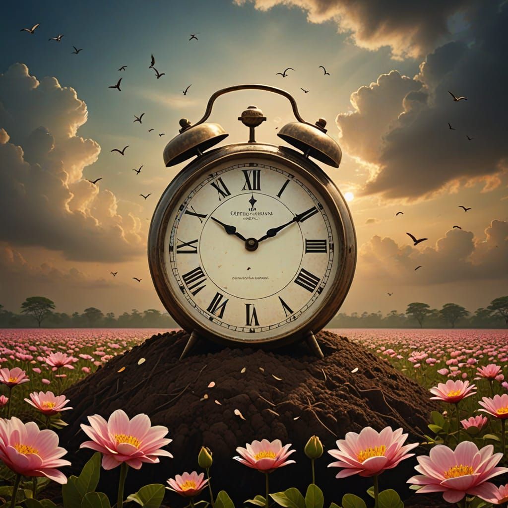 Surreal Scene: Clocks Bloom with Eternal Love