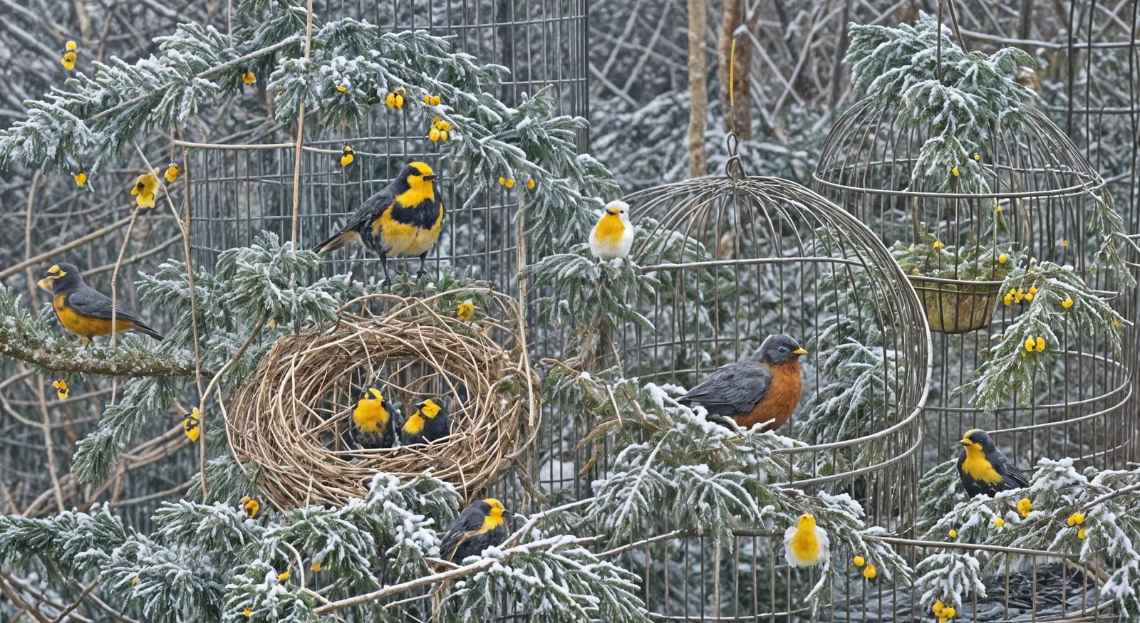 Frozen Winter Aviary Scene with Colorful Birds
