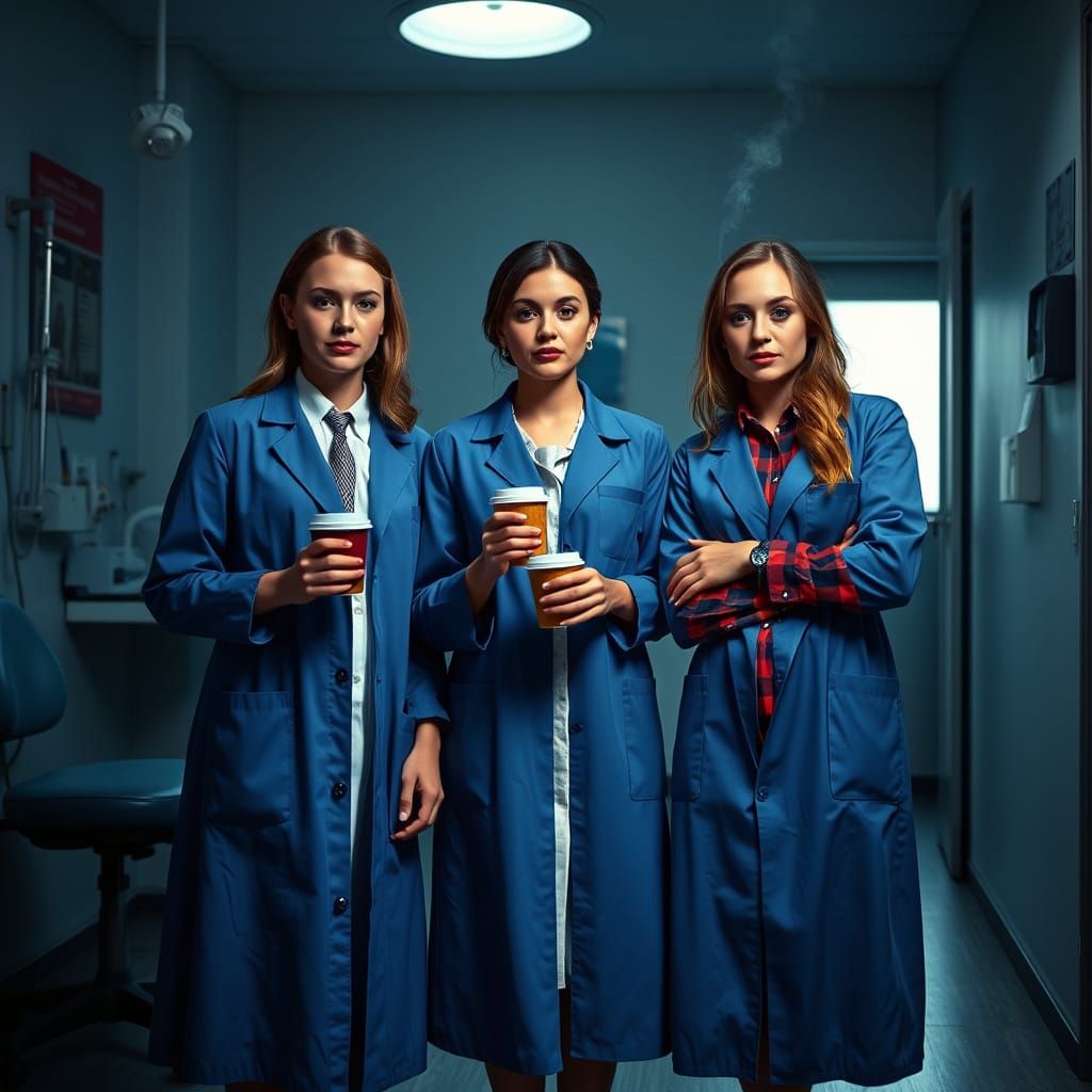 Women in Lab Coats Relax in a Gritty Dental Clinic, Inspired...