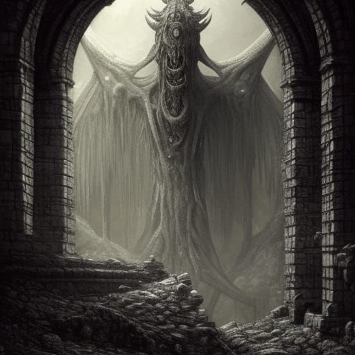 Lovecraftian Horror on Ruined Crypt: Dark Fantasy Art