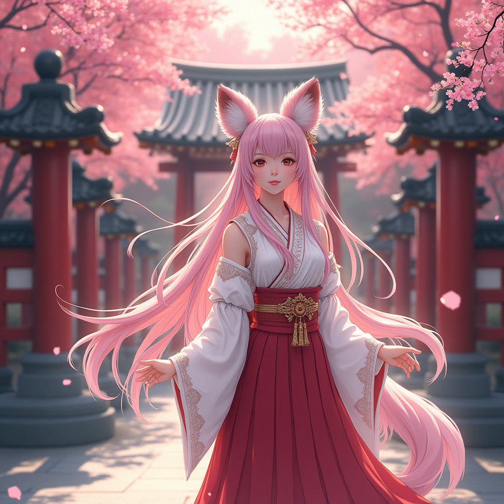 Elegant Kitsune Shrine Maiden in Ancient Japanese Shrine