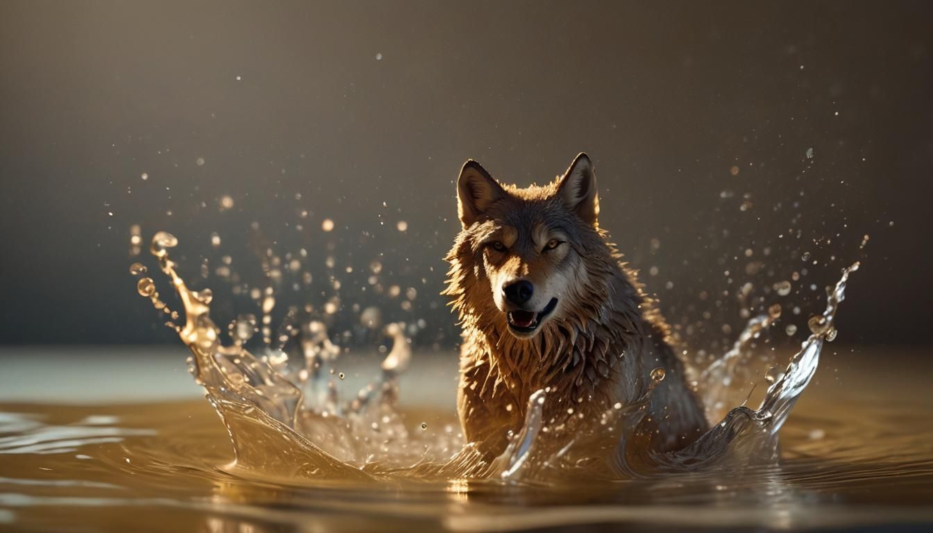 Wolf Emerges from Golden Water in Cinematic Film Still