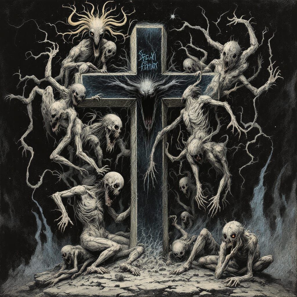 Abstract Horrors Surround Satan on Ominous Cross
