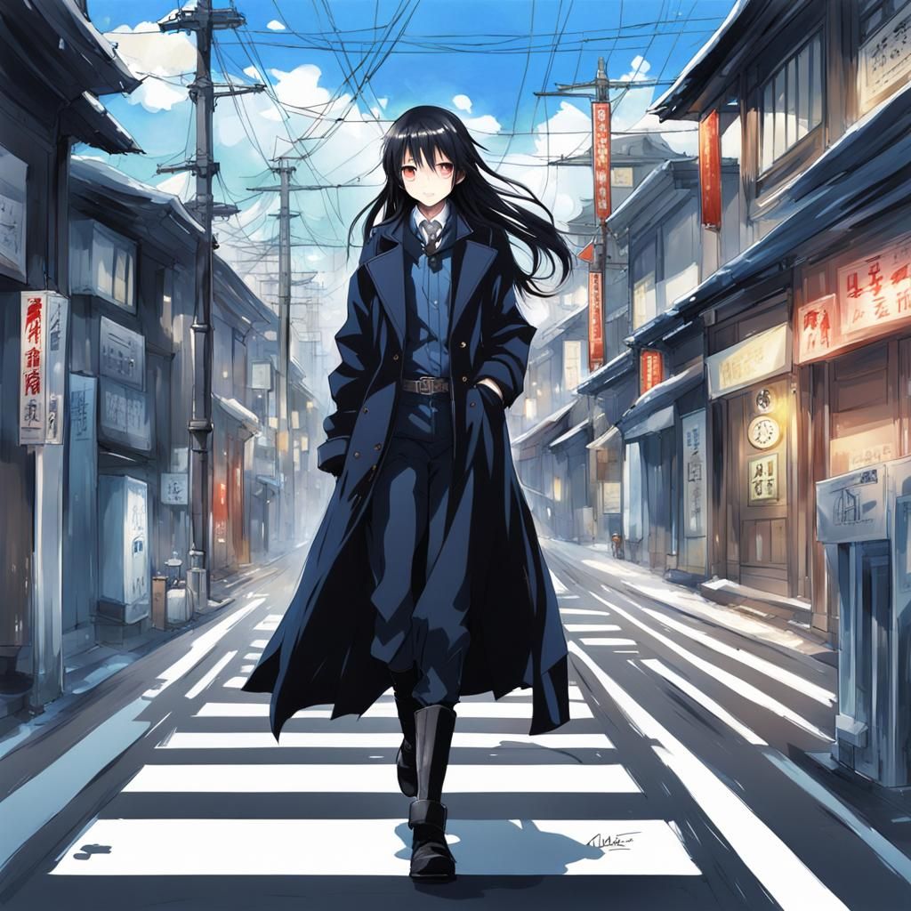 Anime-Style Brunette in Black Coat Taking a Walk