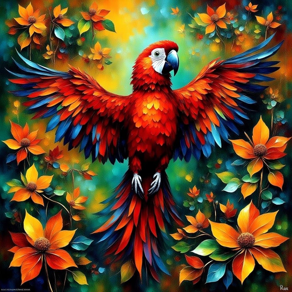 Vibrant Scarlet Macaw in Naive Style with Expressive Brushst...