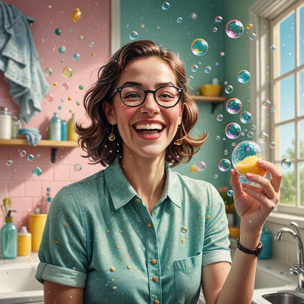Cheerful Woman Cleans with Joy in a Foamy Sink Scene