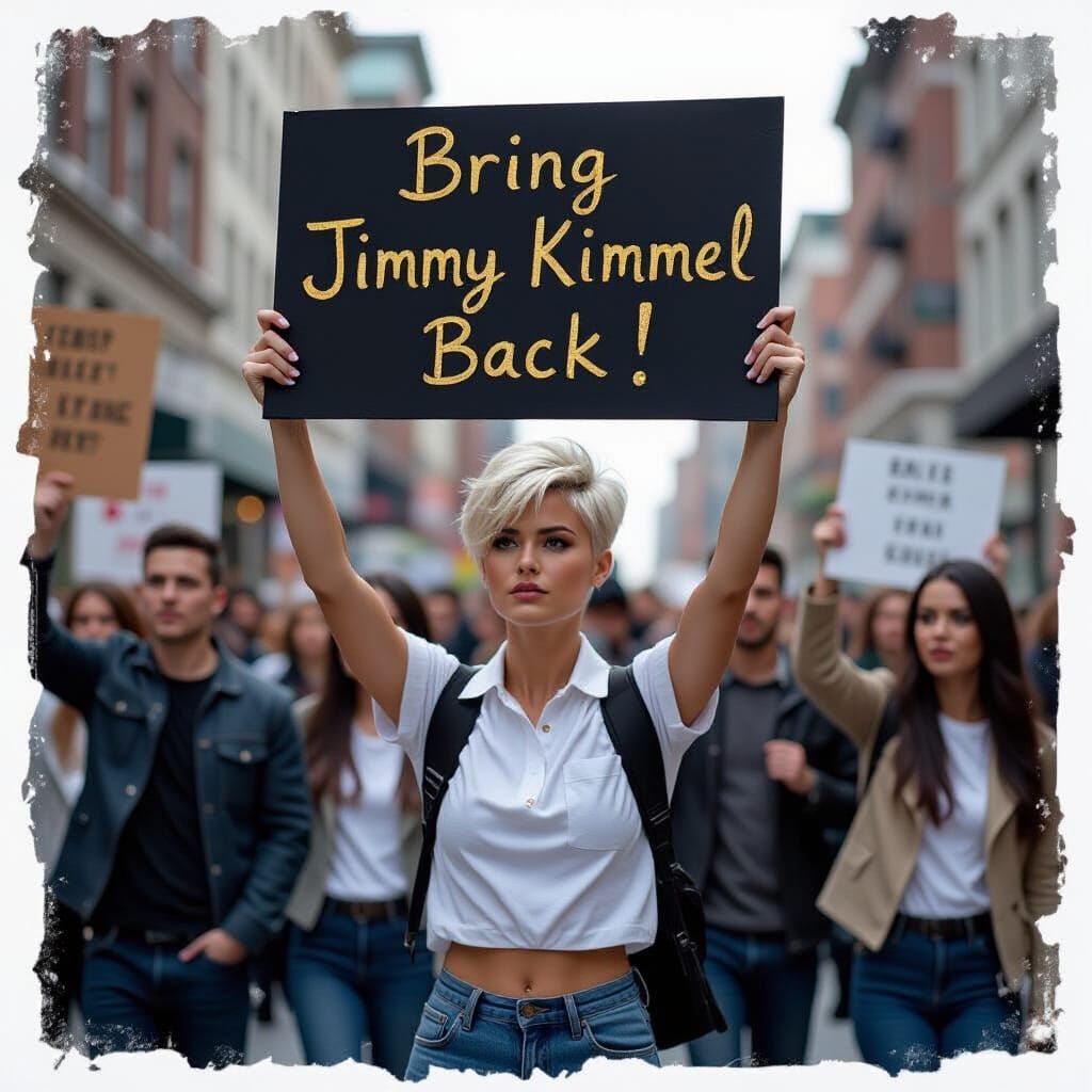 Woman Holds "Bring Jimmy Kimmel Back" Sign at Protest