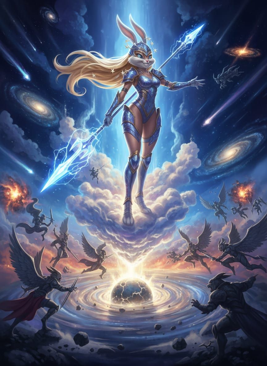 Blonde Warrior Goddess Lola Bunny in Epic Celestial Battle