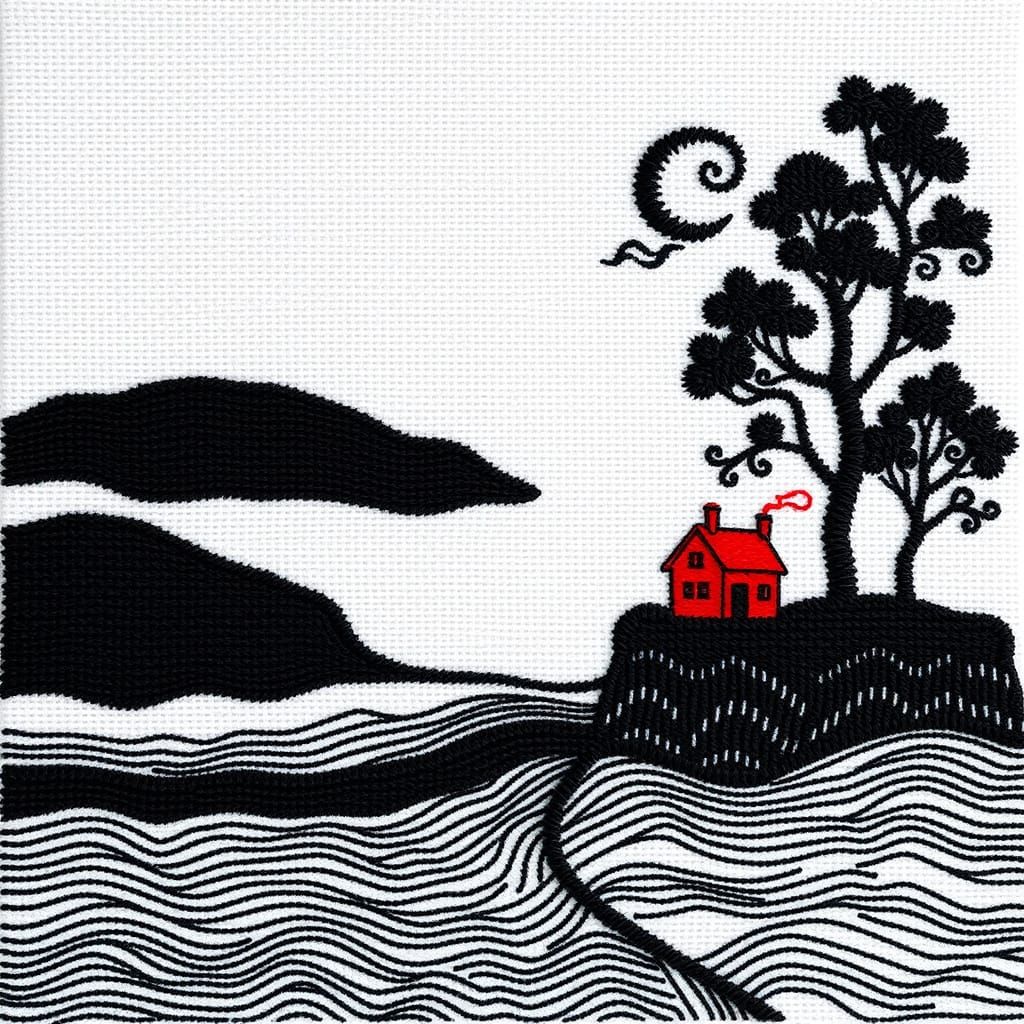 Surreal 3D Landscape in Cross-Stitching Style