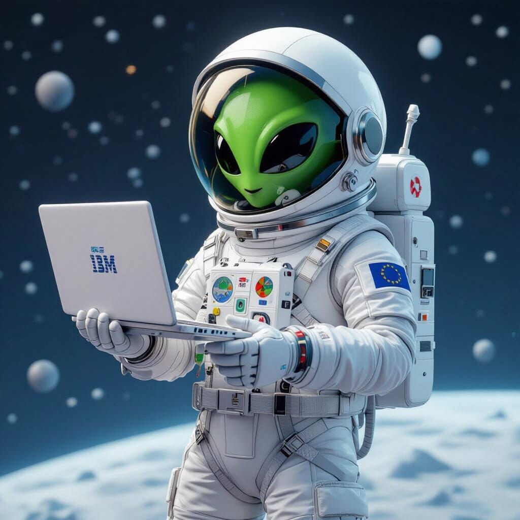 Monopoly Man Alien Fixes Laptop in Space
