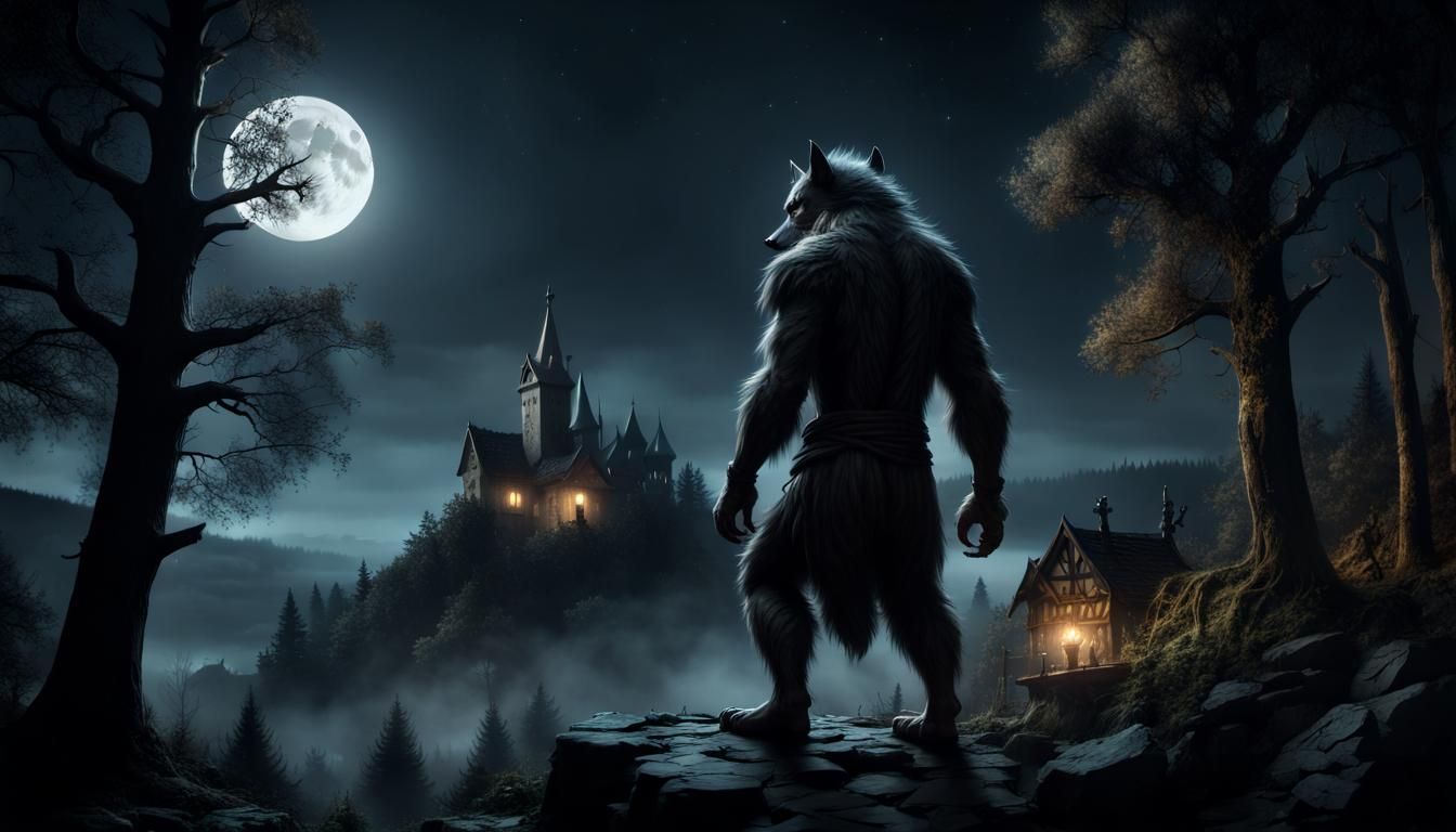 Werewolf Overlooks Village Under Full Moon