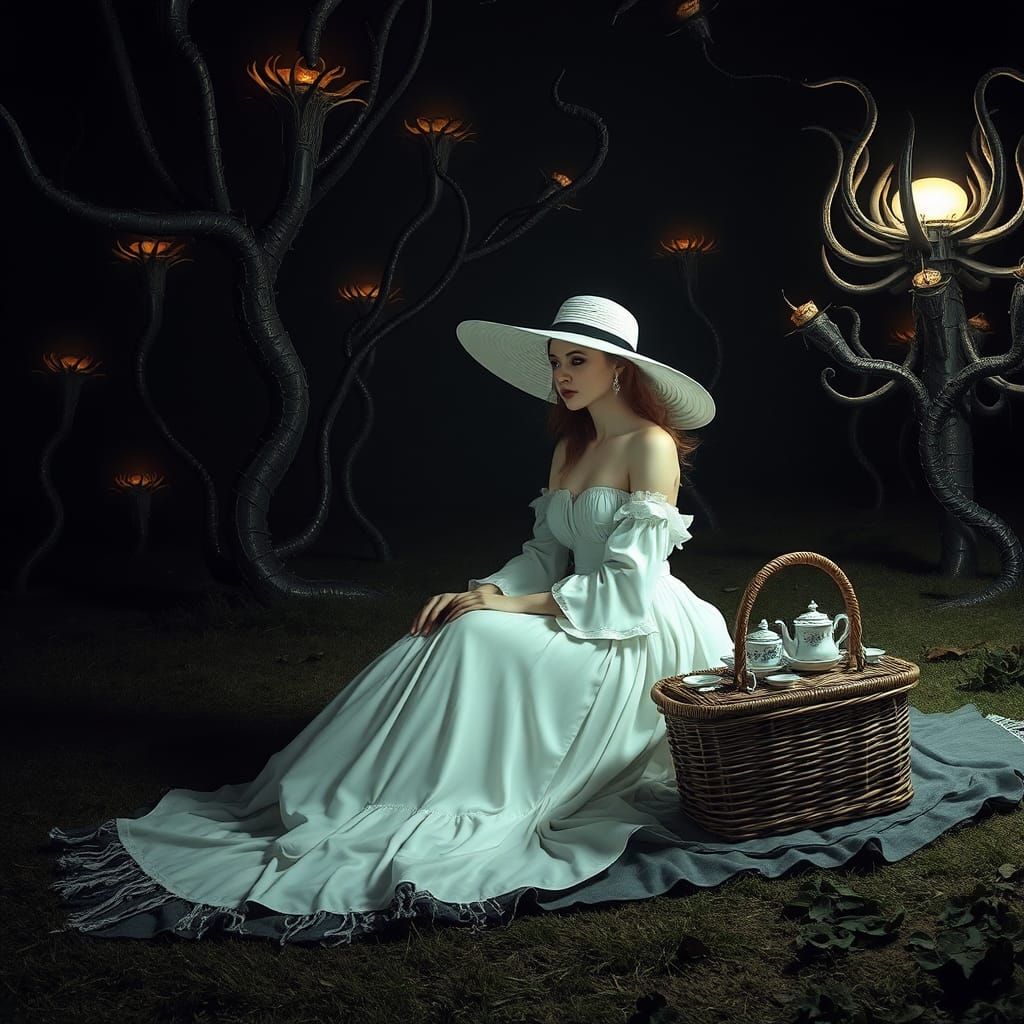 Surreal Picnic in Giger-Inspired Landscape