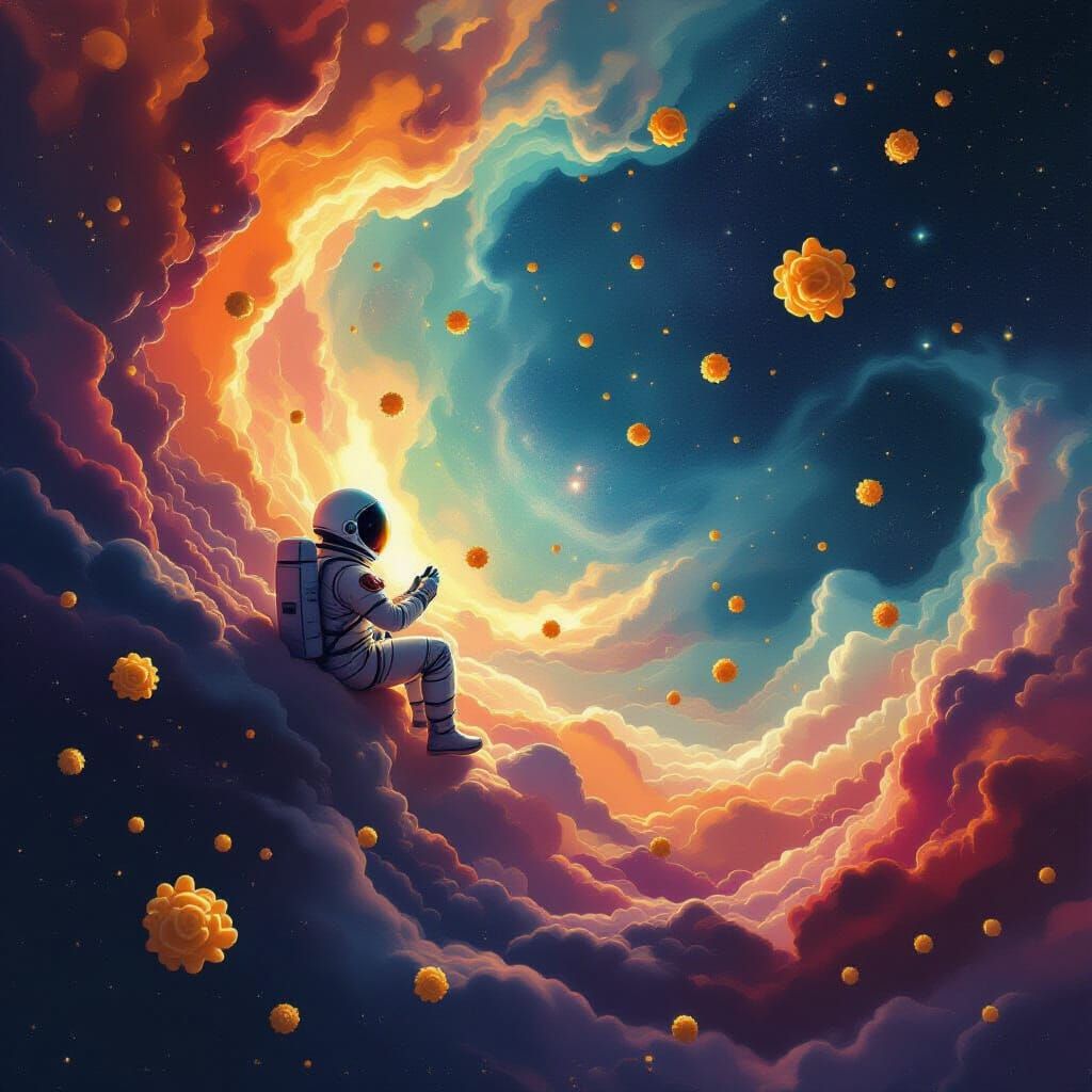 Astronaut Lost in Cosmic Soup Nebula with Pasta Creatures