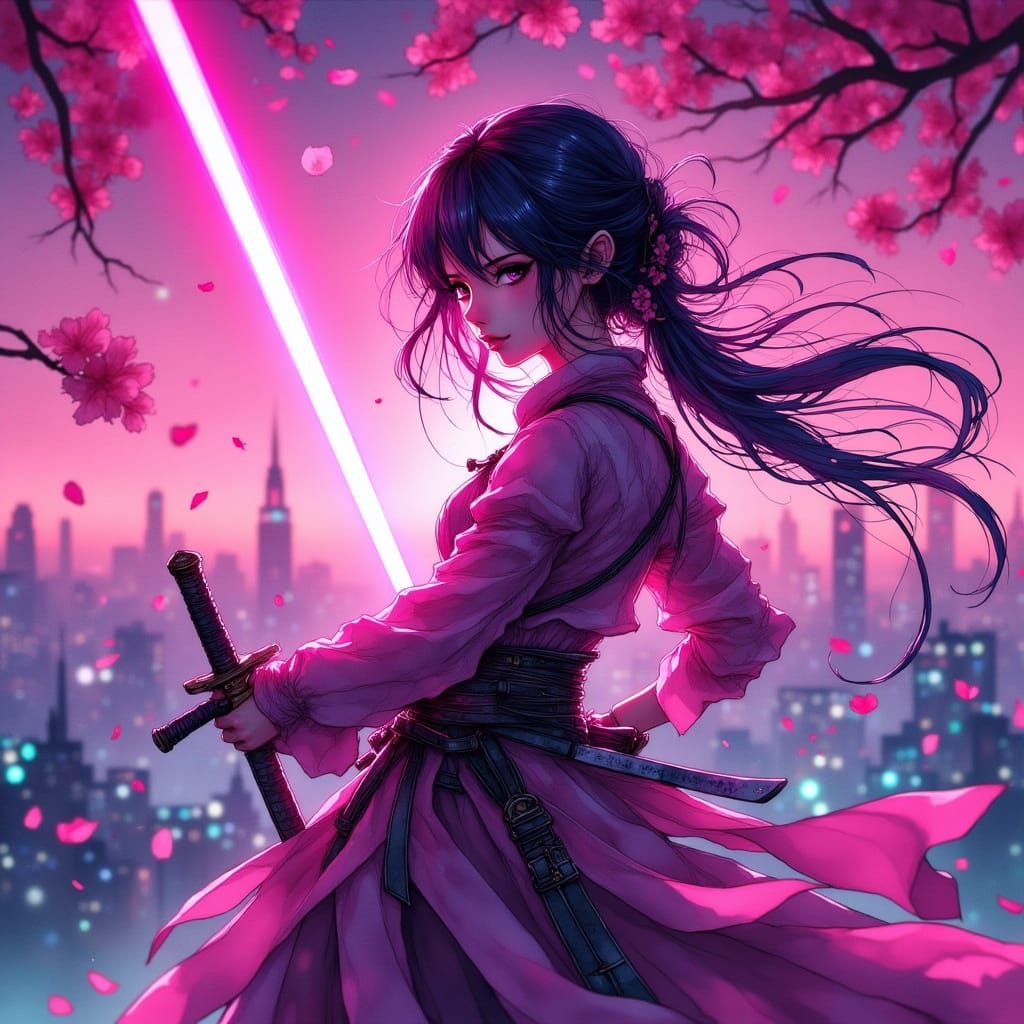 Anime Samurai Girl With Pink Katana at Neon Dusk
