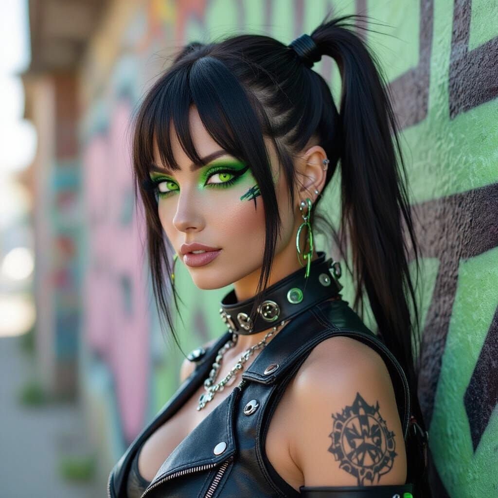 Cyber Goth Female in Rave Scene with Graffiti