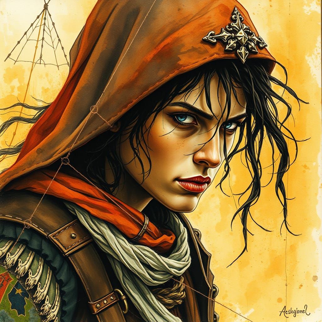 Medieval Ranger in Amber Watercolor and Pen