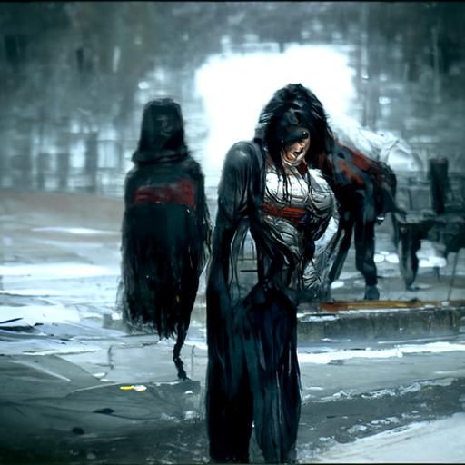 Crying Brunette Woman Alone in Town