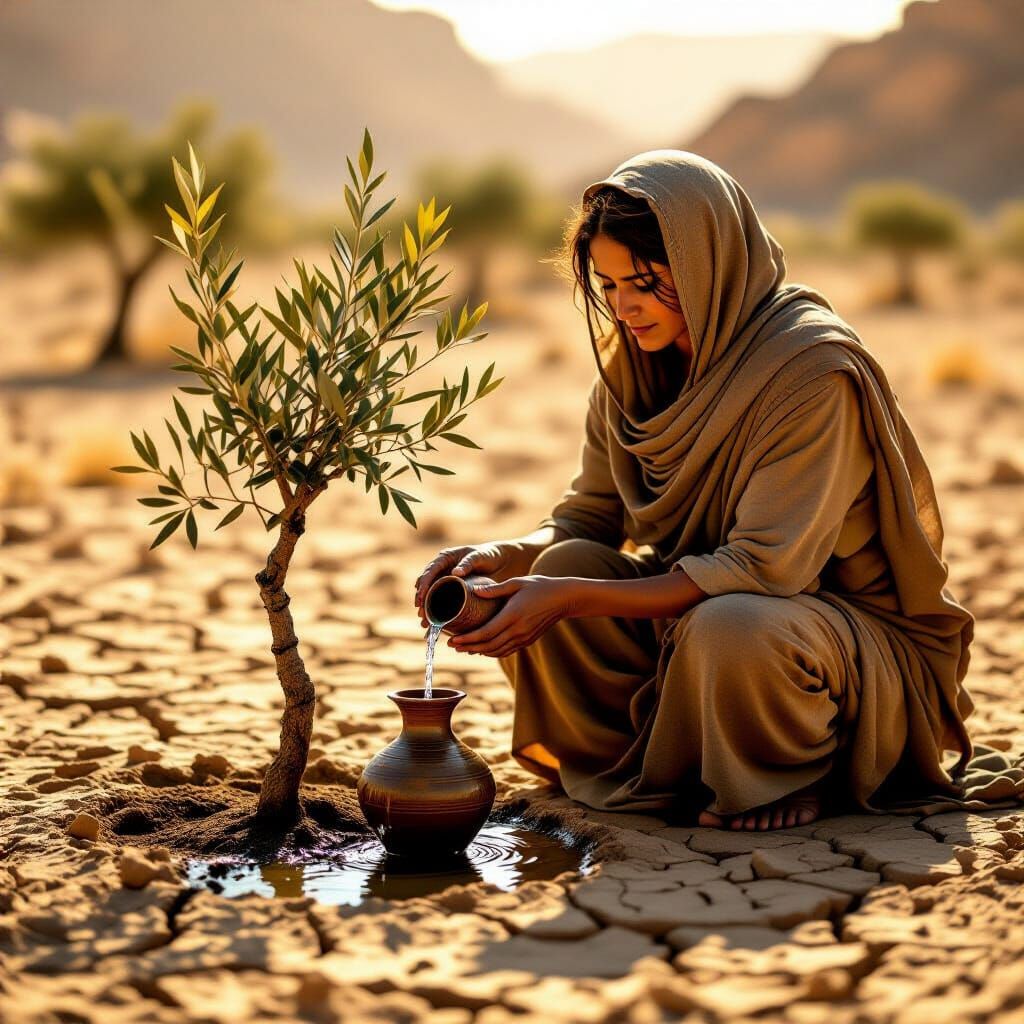 Desert Nomad Woman Tends Olive Sapling with Water
