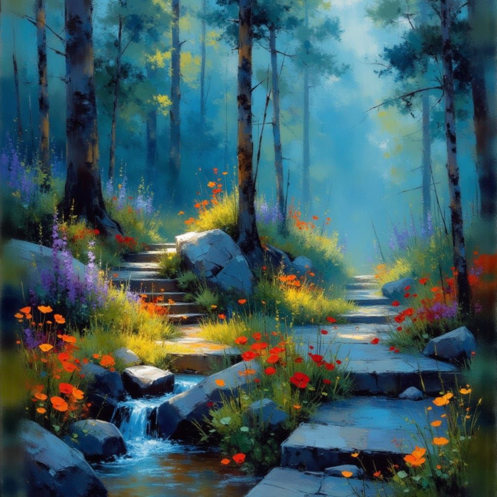 Misty Forest Path to Waterfall: Impressionist Oil Painting