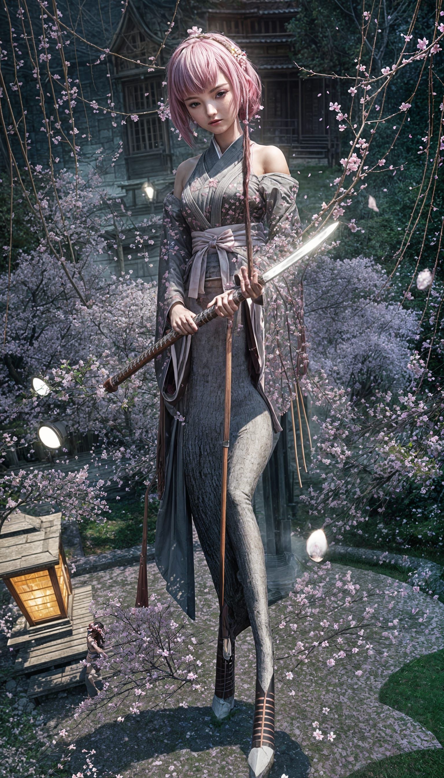 Cherry Blossom Samurai Woman in Anime Style