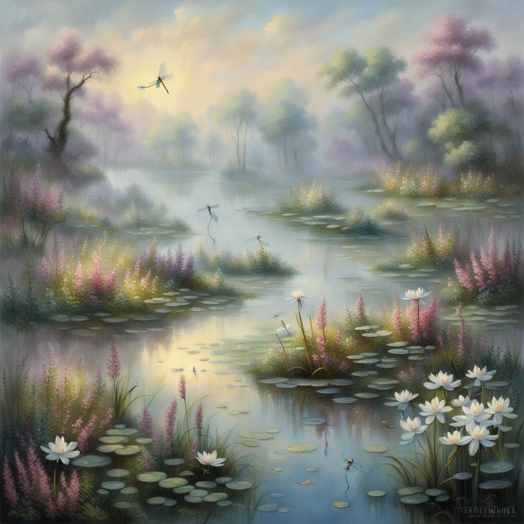 Ethereal Swamp with Aquatic Flowers in Kinkade Style
