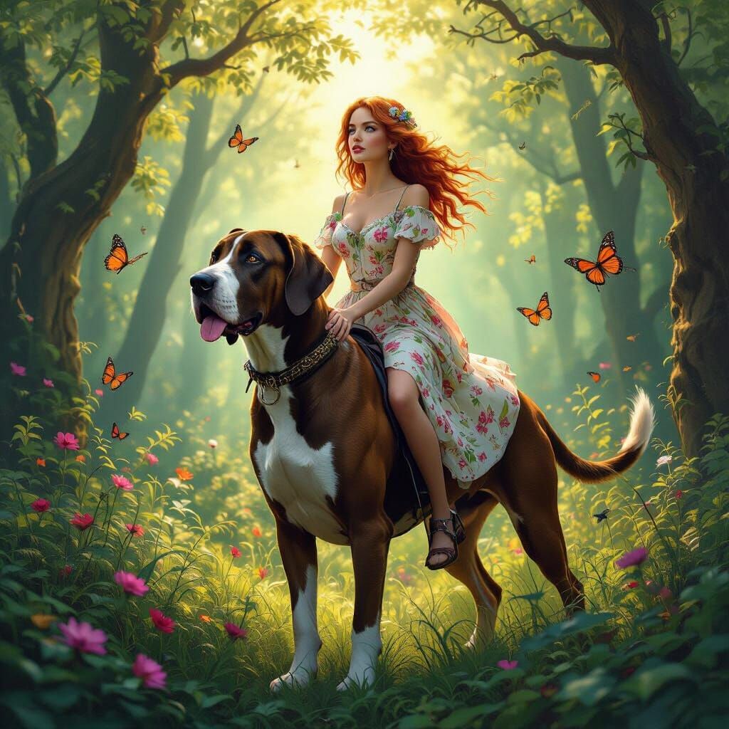 Woman Rides Great Dane Through Sunlit Forest