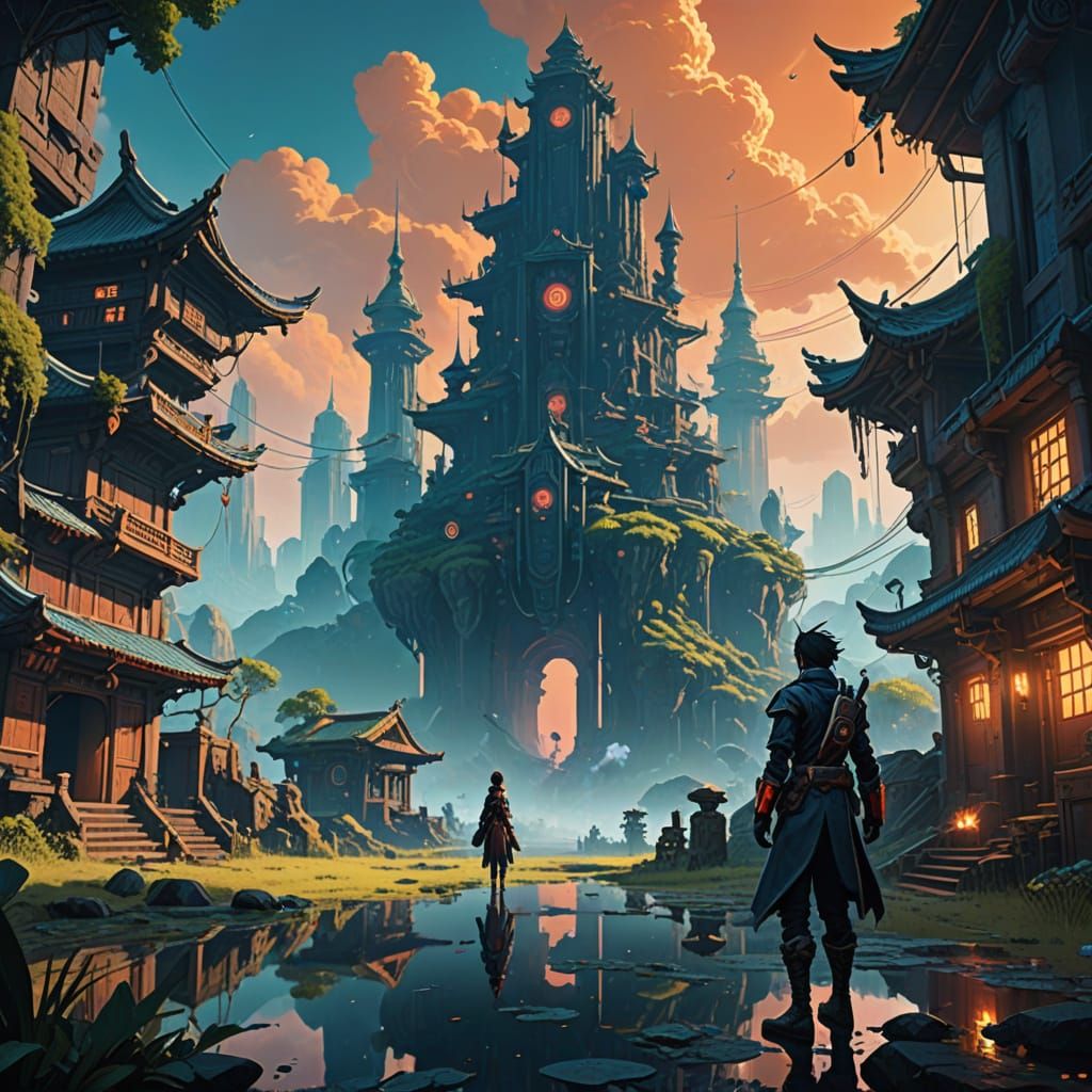 Ethereal Fantasy Realm in Cyberpunk Style