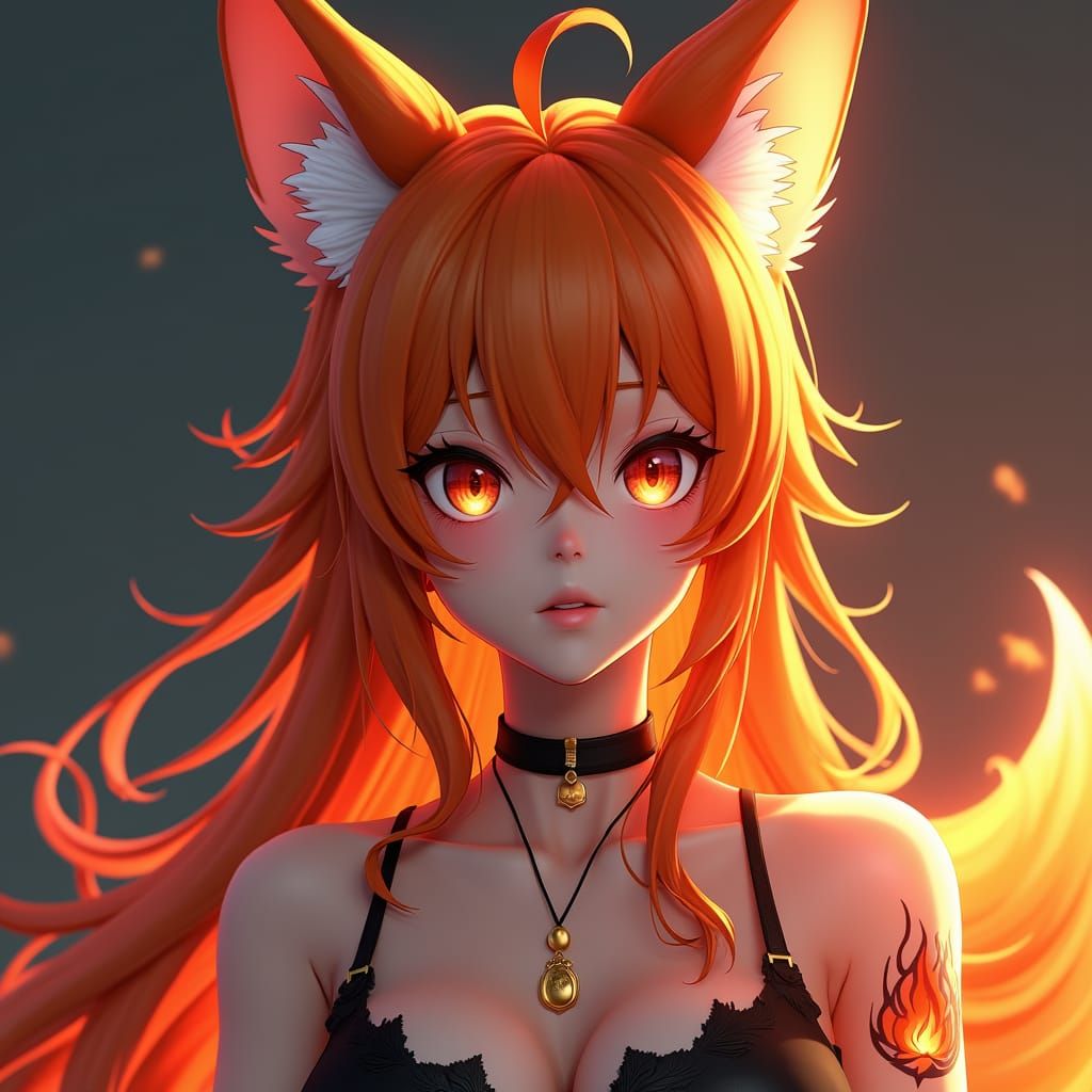 Anime Girl with Fox Ears and Flame Tattoo