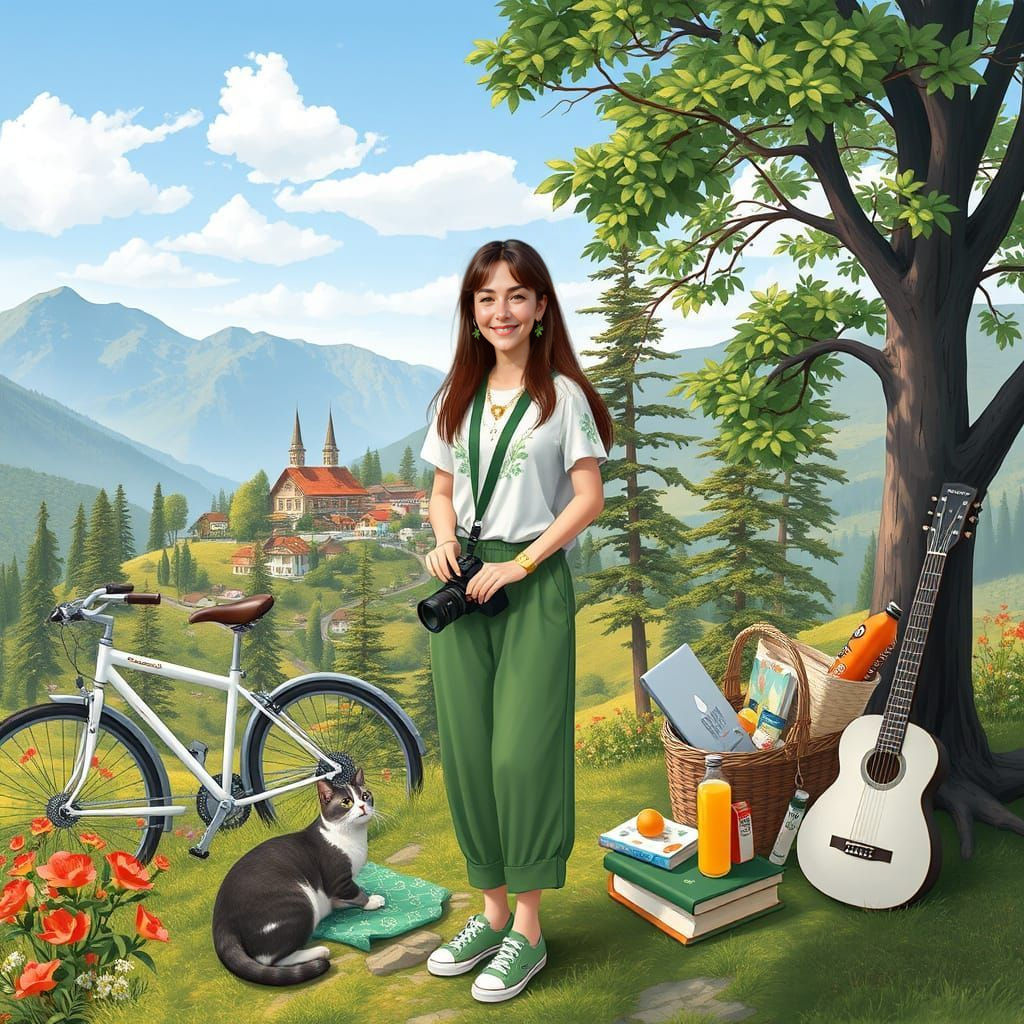 Woman with Camera on Hilltop Overlooking Village