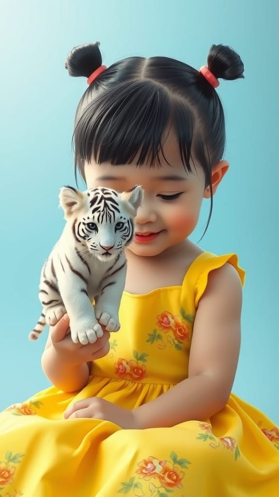 Tiny White Tiger on Child's Thumb in Hyper-Realistic Style