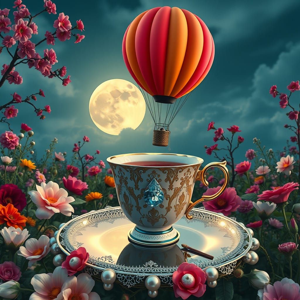 Ethereal Hot Air Balloon Over Tea Cup in Moonlit Garden