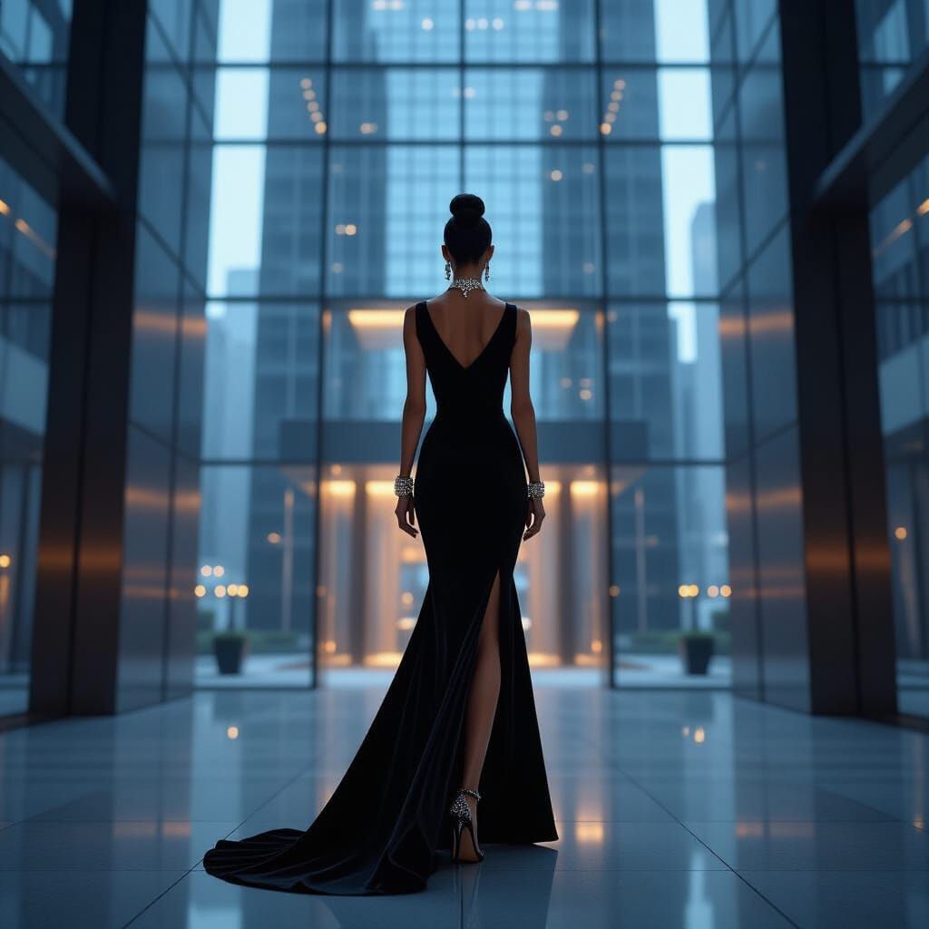Woman in Black Dress Enters Futuristic Skyscraper