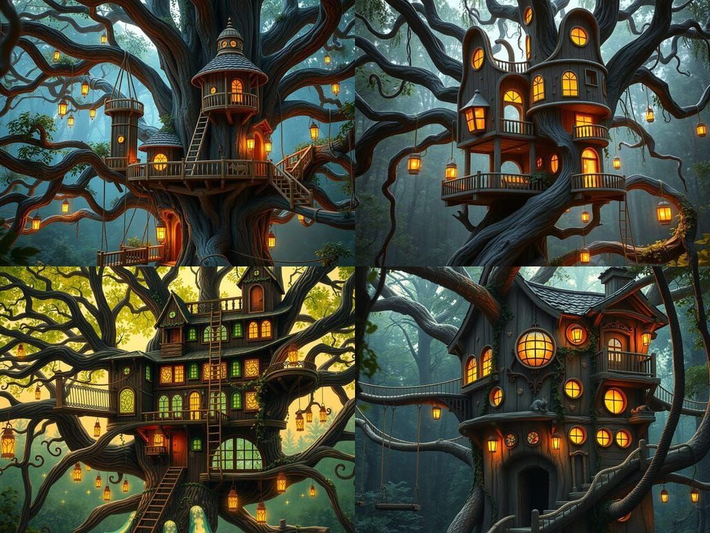 Whimsical Treehouse Blends with Ancient Forest in Cyberpunk-...