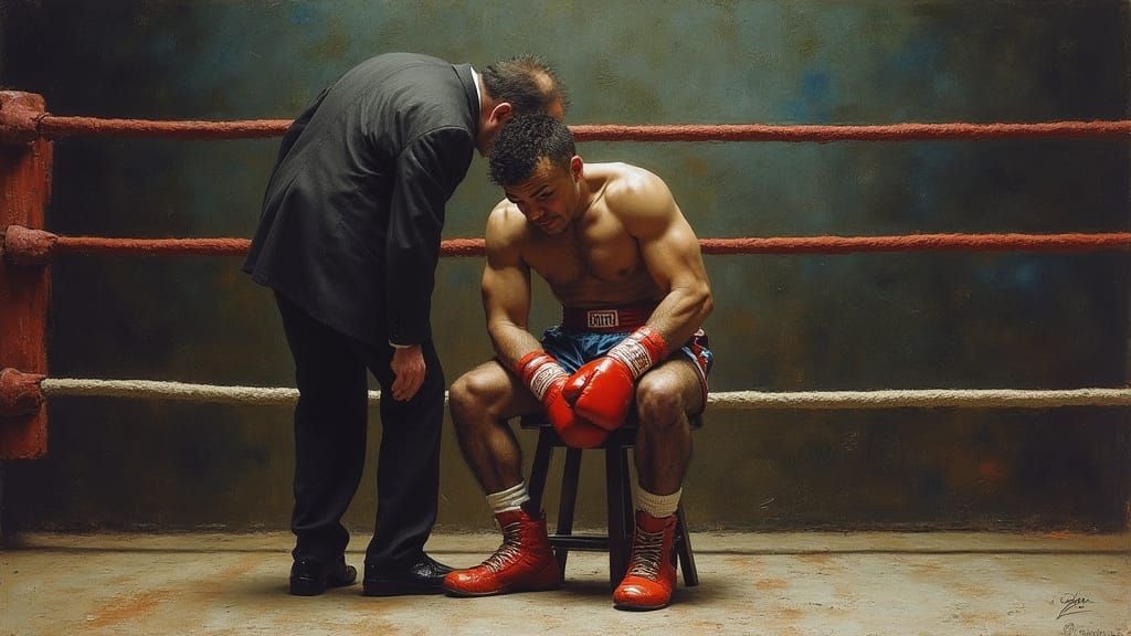 Boxer Rests Between Rounds with Manager, Colorful Art