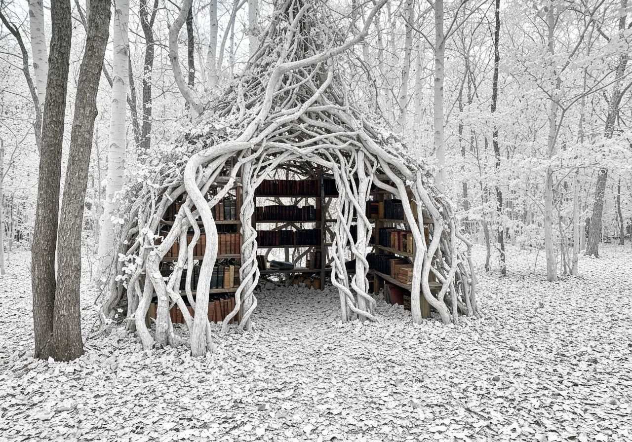 Whimsical Forest Library Built From Branches and Vines