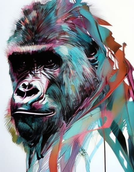 Detailed Gorilla Portrait in Impasto Ink Style