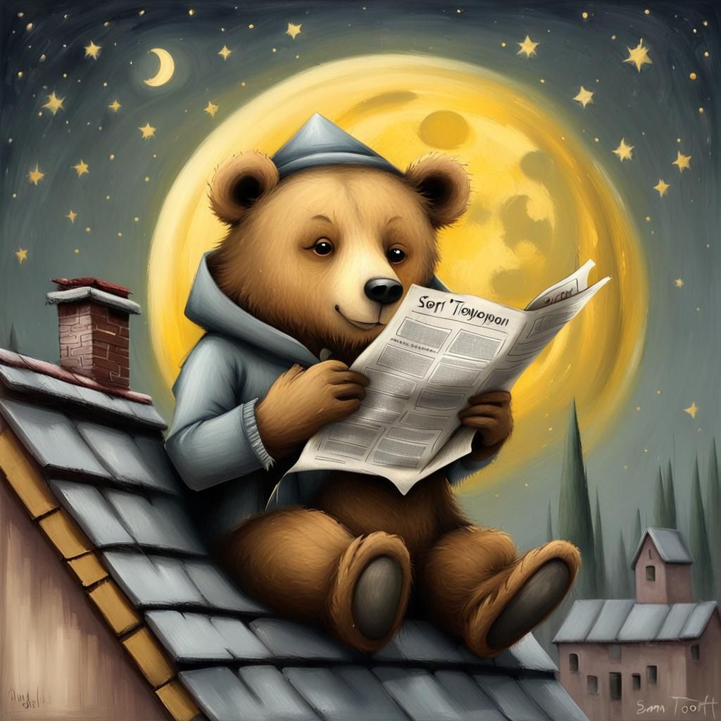 Bear Reads Newspaper on Roof in Cute Cartoon Style