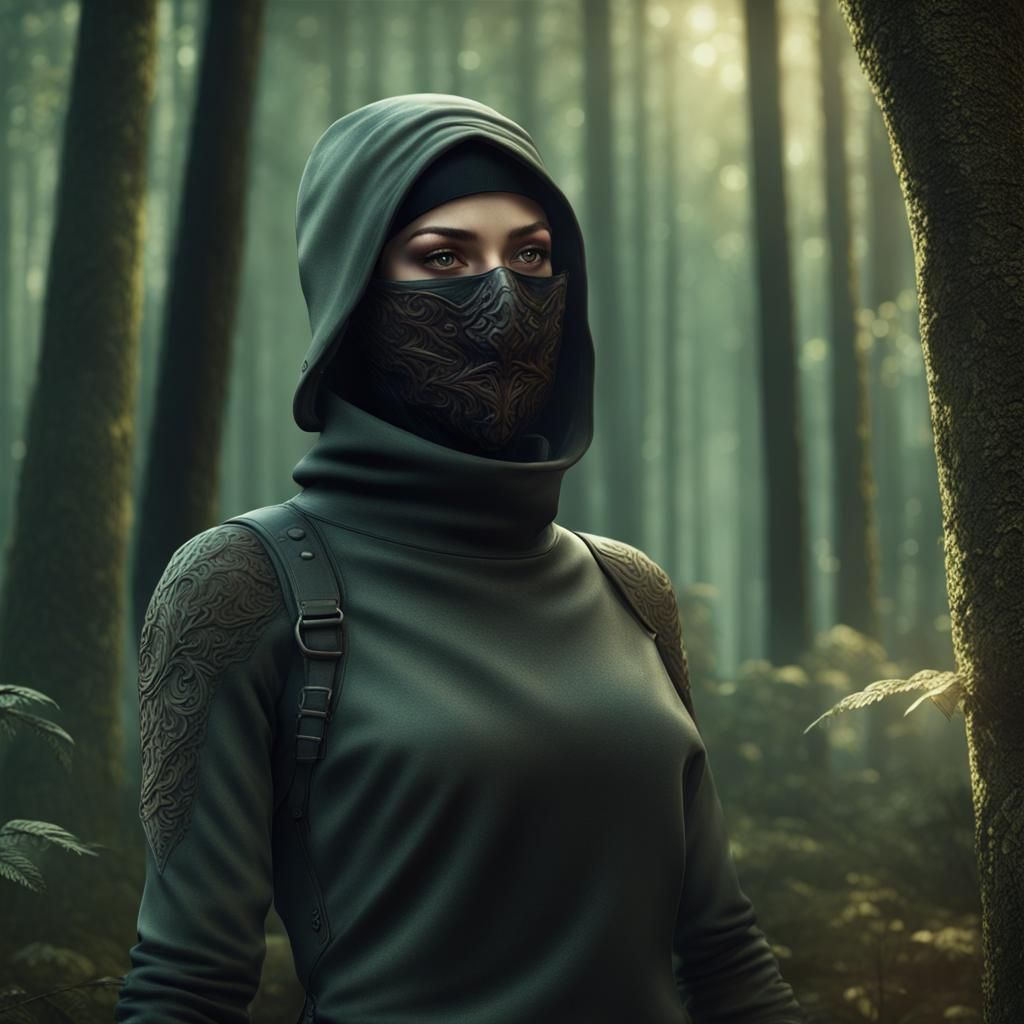 Woman in Balaclava in Forest: Detailed Matte Painting