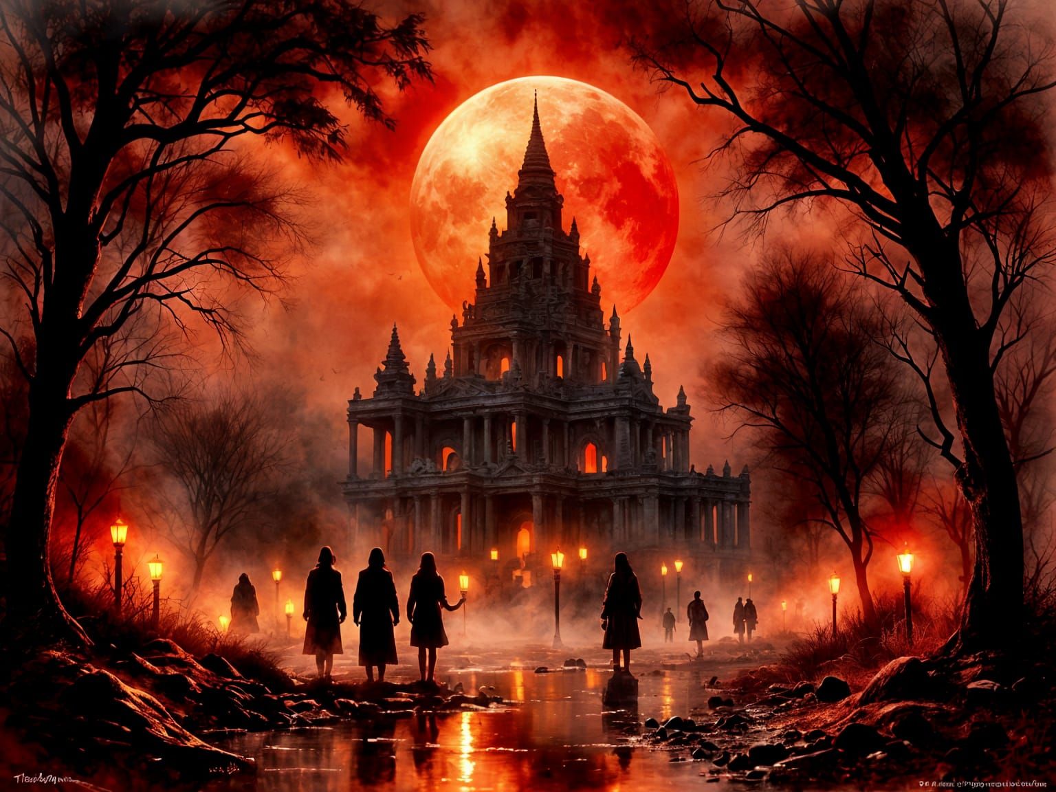 Blood Moon Over Ancient Ruins with Hooded Figures