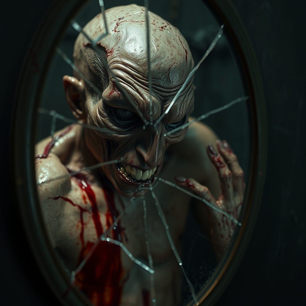 cracked mirror reflecting a grotesque, contorted human figur...