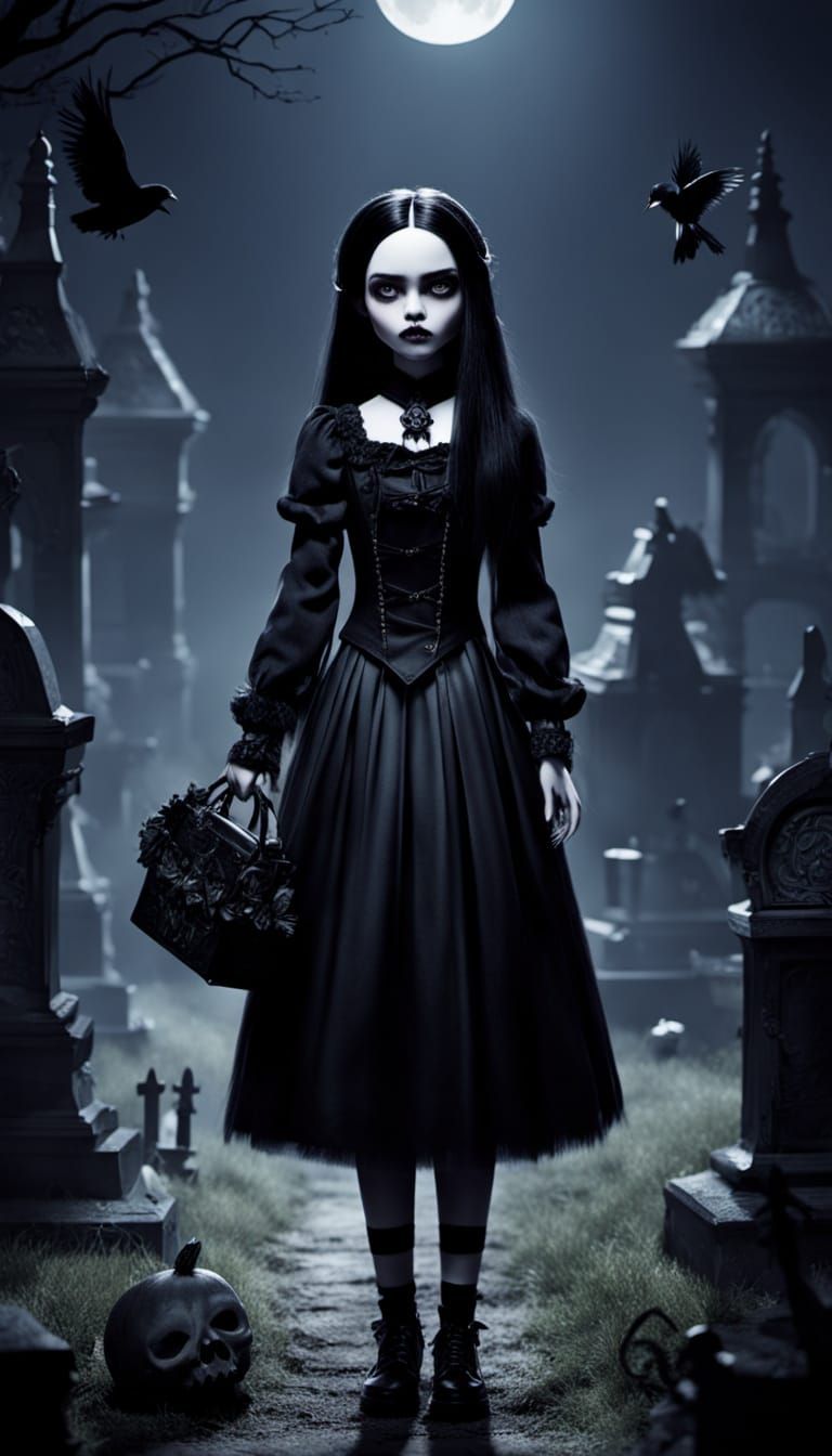 Gothic Wednesday Addams Monster High Doll in Graveyard