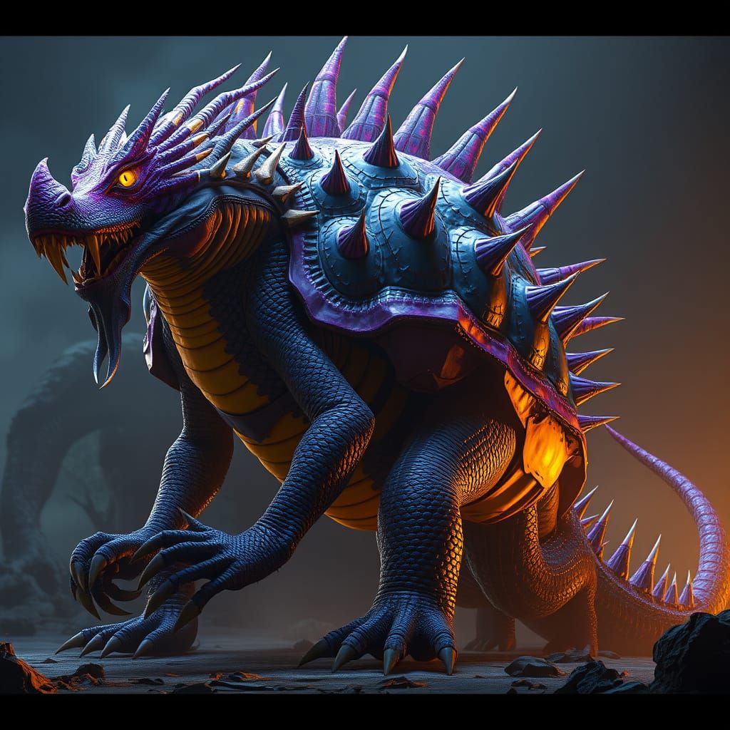 Majestic Dark Fantasy Hybrid Creature Towers Amidst Spiked S...