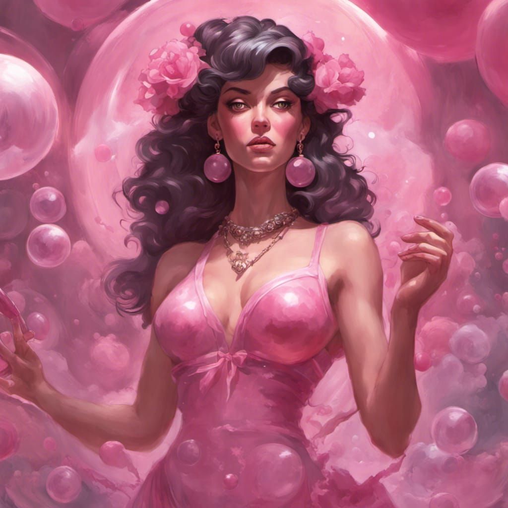 Bubble Gum Candy Girl Portrait in Art Nouveau Style