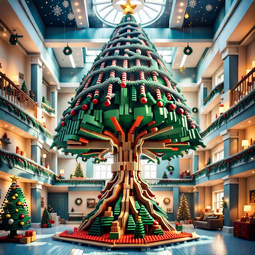 Surreal Upside Down Lego Christmas Tree: Hyperrealistic Graf...
