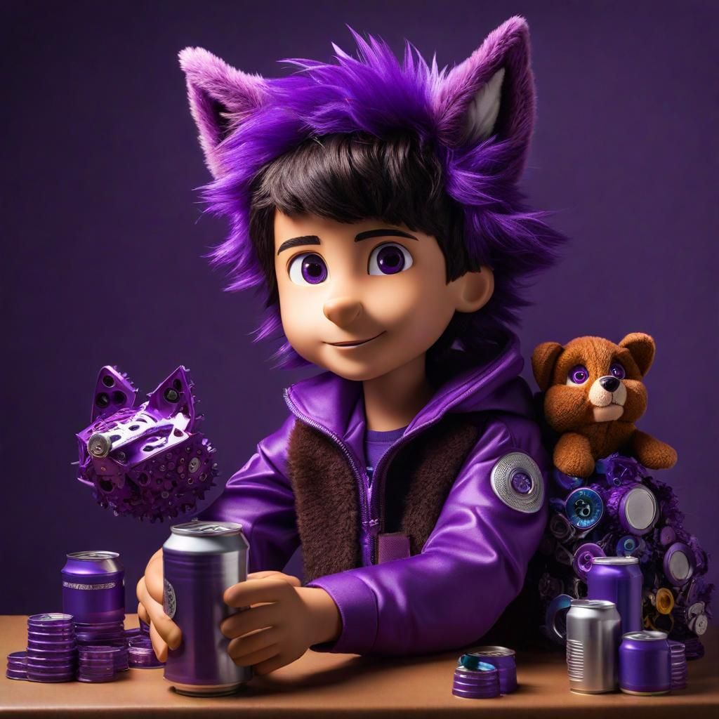Boy Creates Purple Wolf Sculpture with Recycled Art