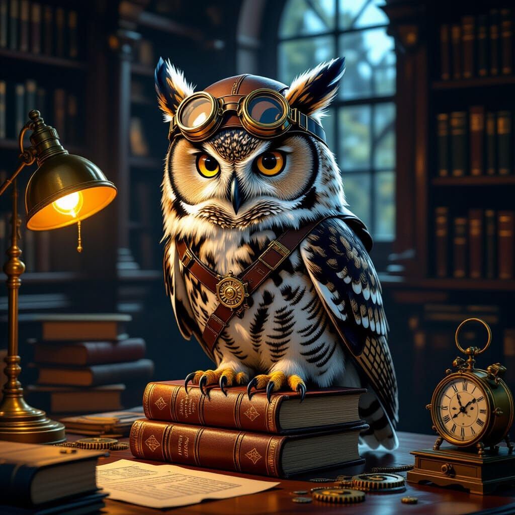 Steampunk Owl Inventor on Books in Dim Study