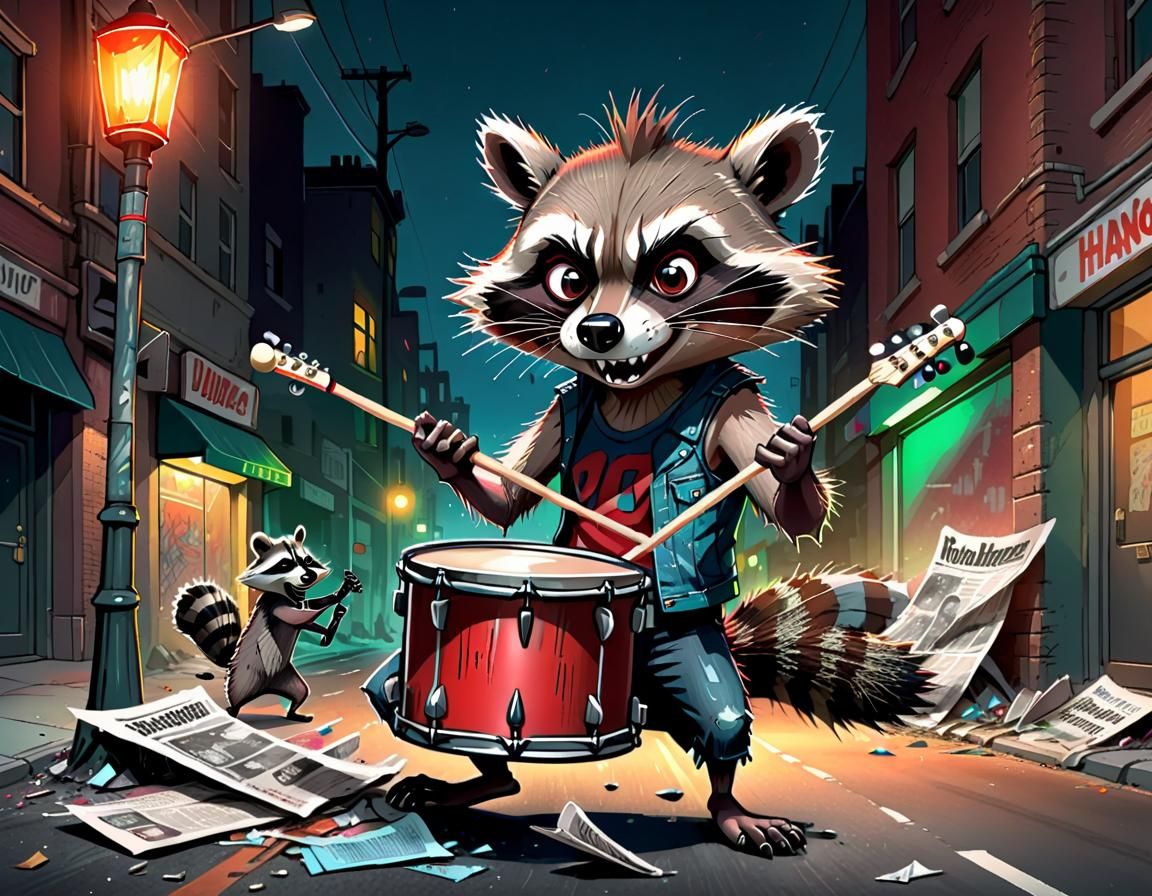 Punk Raccoon Drummer in Hanna-Barbera Cartoon Style