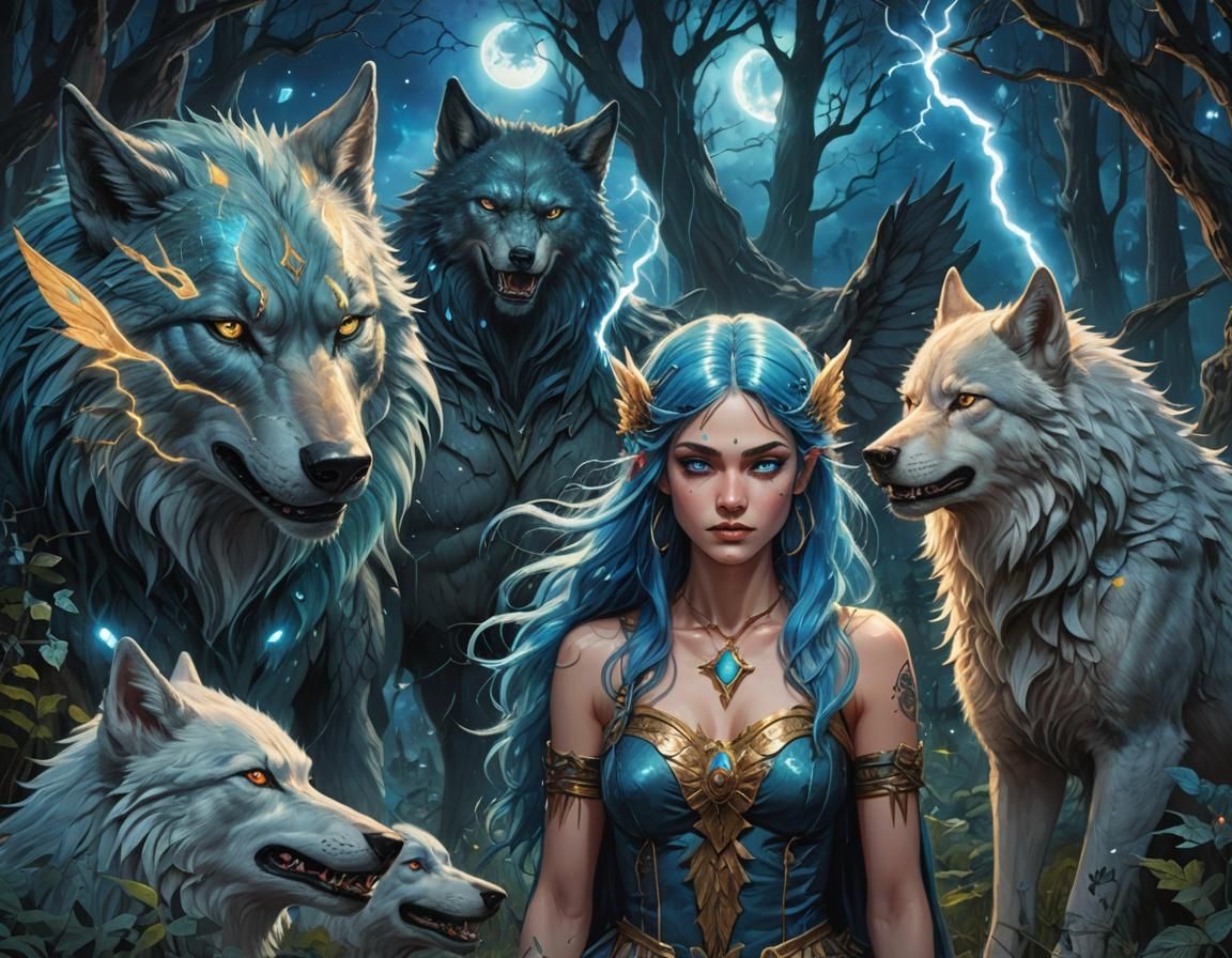 Fairy and Werewolf in Forest with Blue Lightning