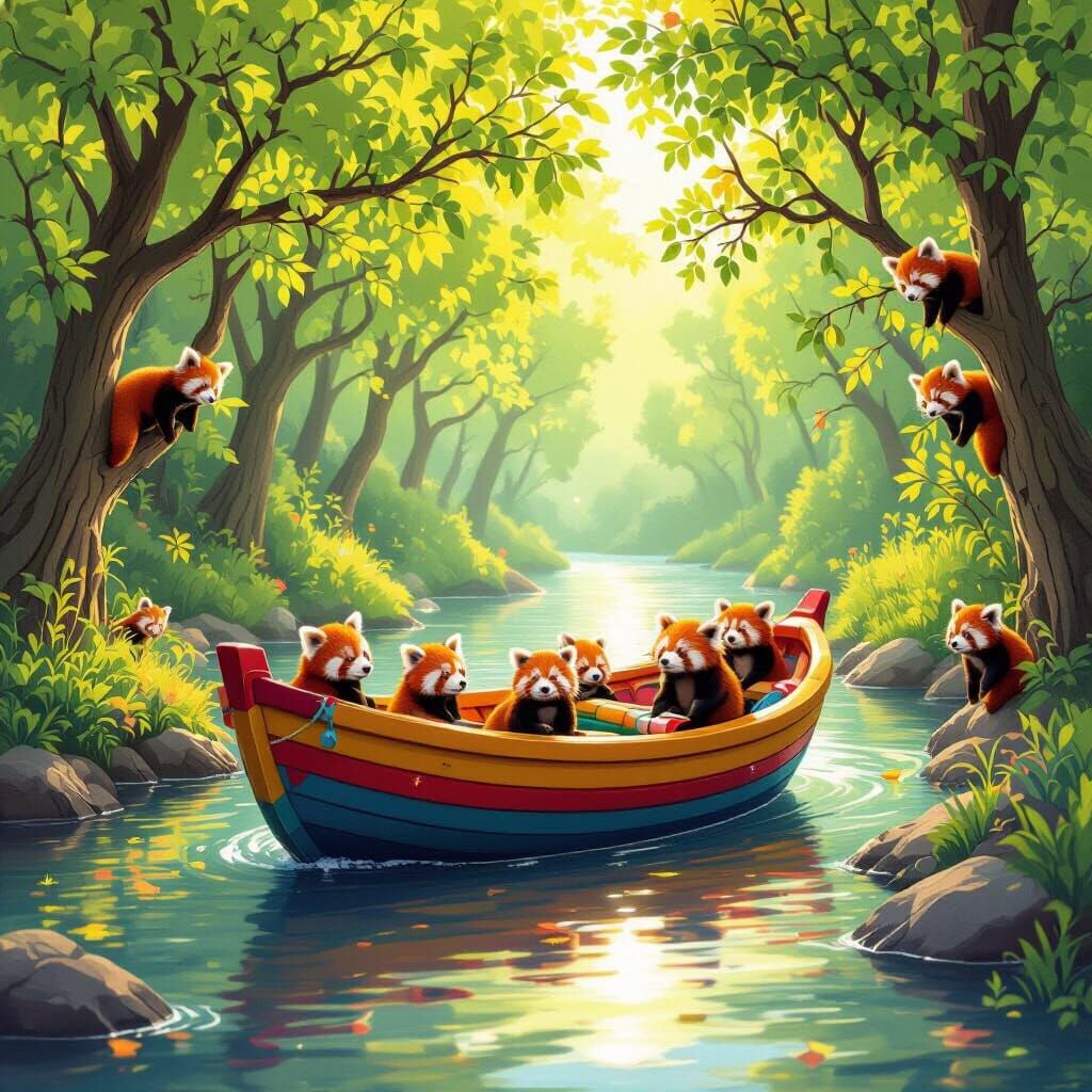 Pencil Boat with Red Pandas in Lush Forest